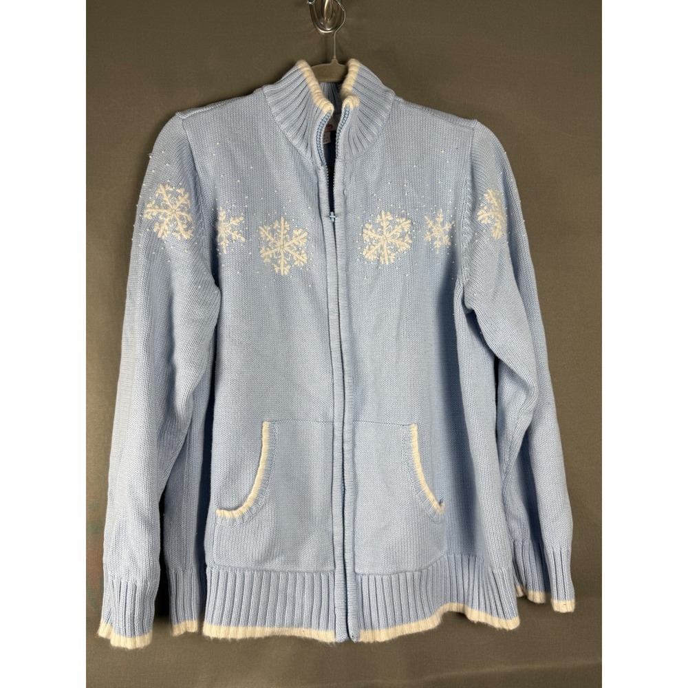 Quacker Factory Cardigan Sweater Womens XL Blue Snowflake Pearl Full Zip Mock